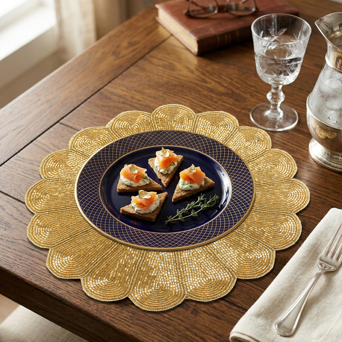 Alpha Living 13-Inch Round Beaded Placemats, Gold, Set of 2