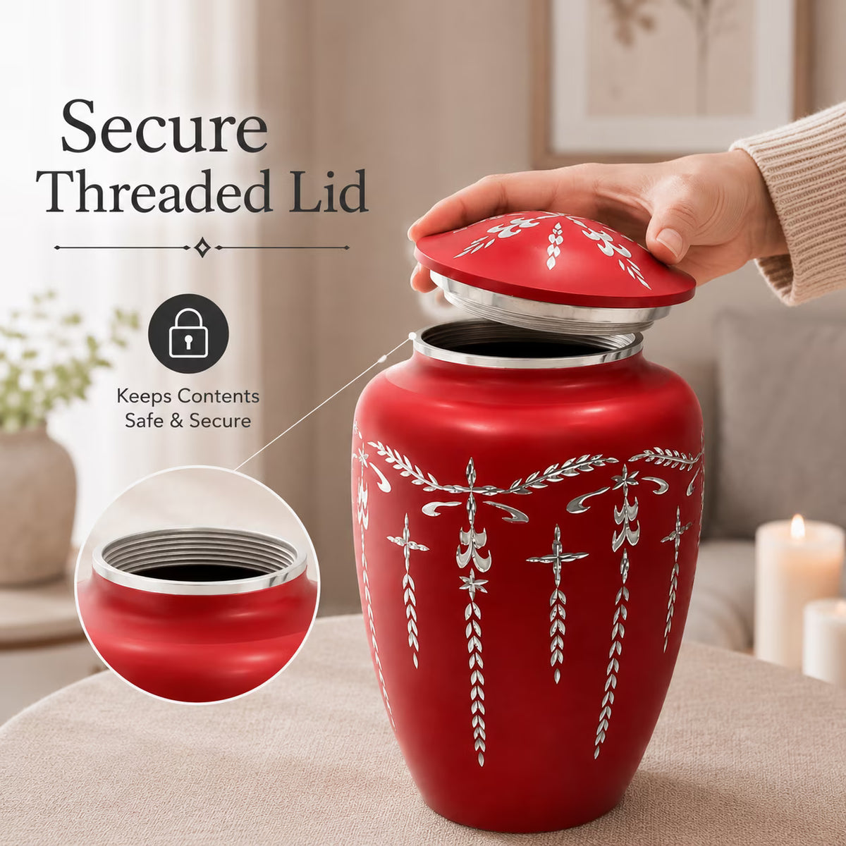 Adult Aluminum Cremation Urn for Human Ashes, Dignified Memorial Urn, Durable Metal Funeral Urn with Secure Lid, Funeral Urn for Loved Ones (Maroon) - ALPHA Living HOME