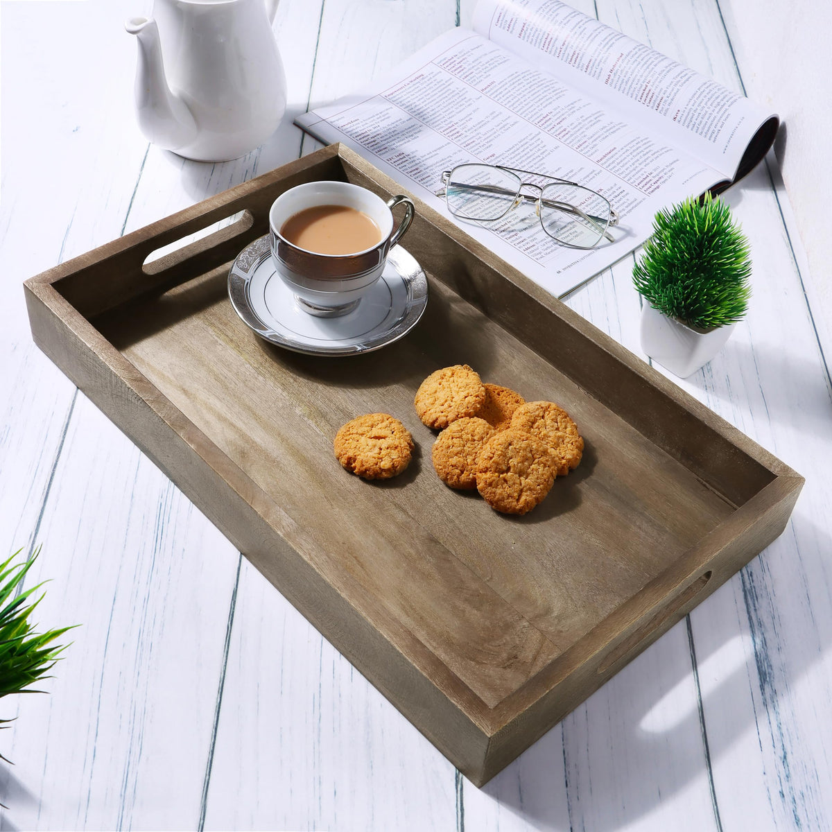 Mango Wood Serving Tray Handmade Metal fruit bowl Decorative Vanity Platter Tray, Kitchen Bathroom Counter Storage Counter Organizer - Walnut Light
