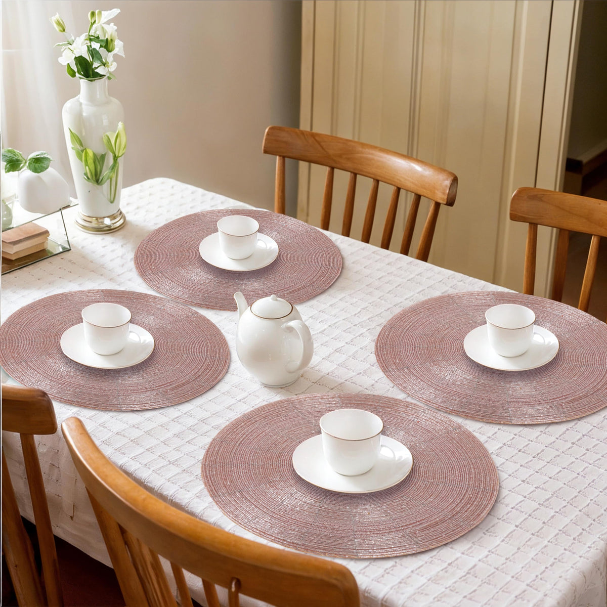 13-Inch Round Beaded Placemats, Pink, Set of 4