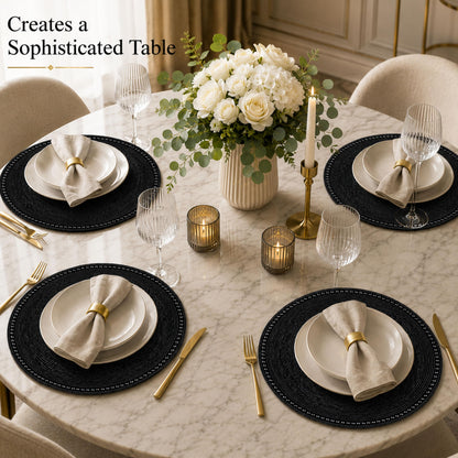 13" Round Glass Beaded Placemats - 2 Pack Table Mats Chargers for Dinner Plates, Plate Chargers Boho Luxurious Elegant Décor for Dining Table, Events & Parties (Black)