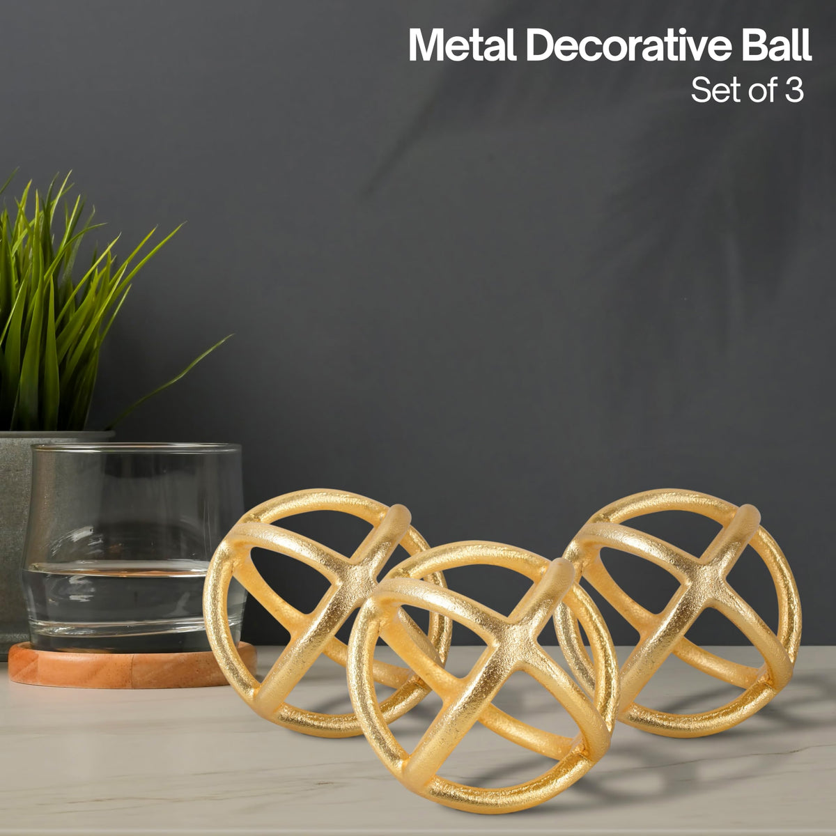 Decorative Balls Set of 3, Handmade Aluminum Orbs Modern Decor Antique Gold