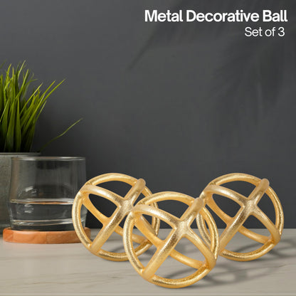 Decorative Balls Set of 3, Handmade Aluminum Orbs Modern Decor Antique Gold