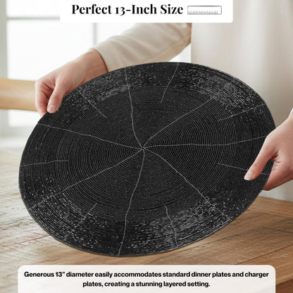 ALPHA Living HOME Round Beaded Placemats – Handmade Glass Bead Charger Table Mats, Set of 4 (Jet Black)
