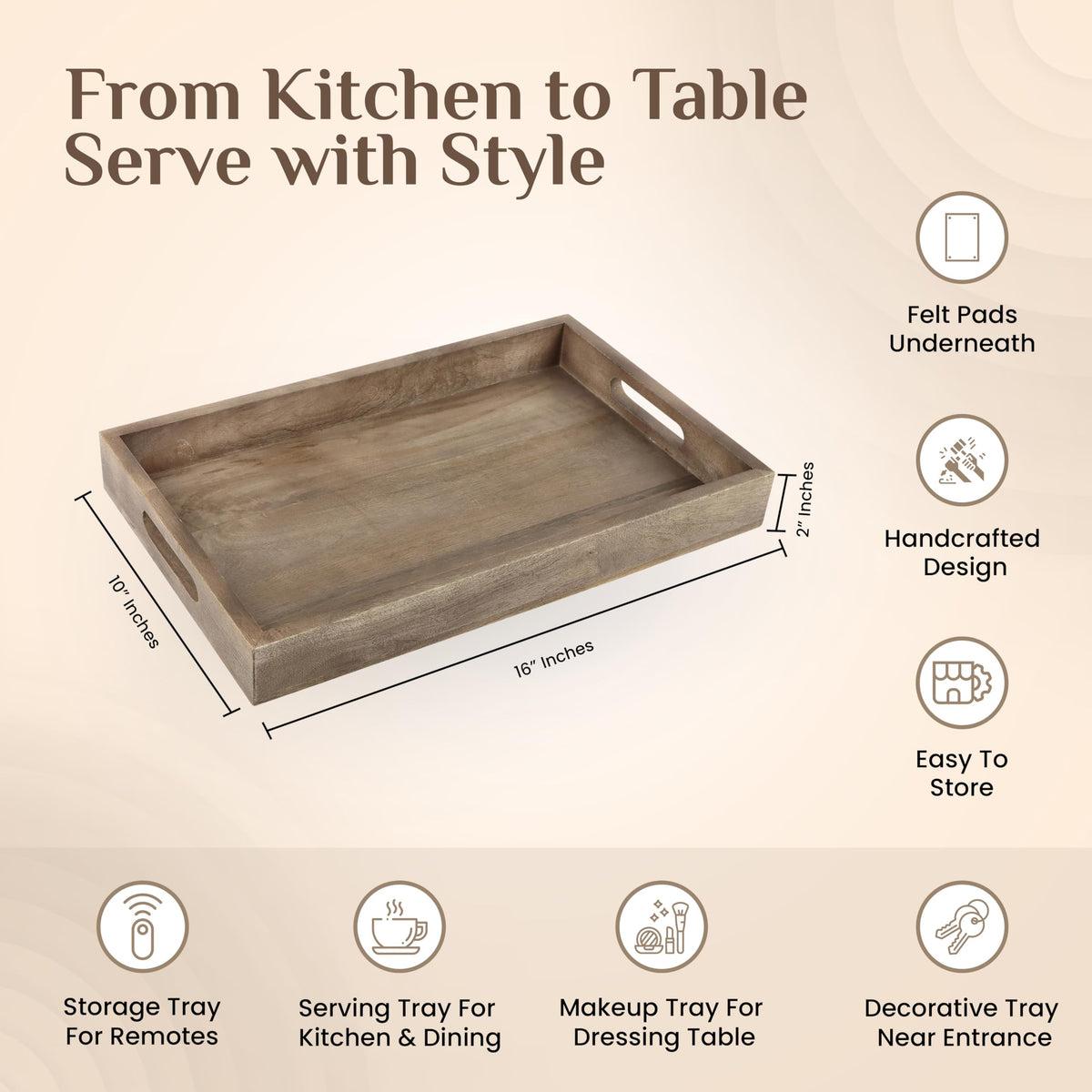 Mango Wood Serving Tray Handmade Metal fruit bowl Decorative Vanity Platter Tray, Kitchen Bathroom Counter Storage Counter Organizer - Walnut Light