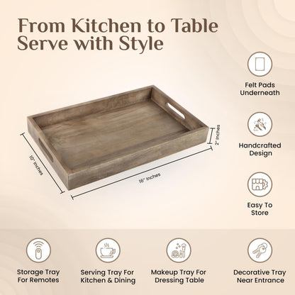 Mango Wood Serving Tray Handmade Metal fruit bowl Decorative Vanity Platter Tray, Kitchen Bathroom Counter Storage Counter Organizer - Walnut Light
