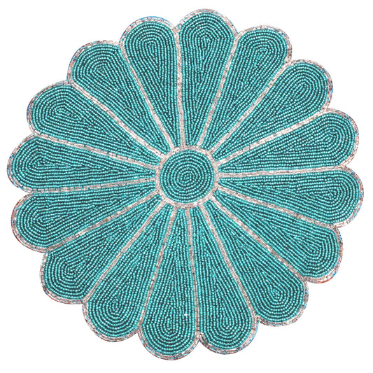 13-Inch Round Beaded Placemat, Aqua, Set of 1