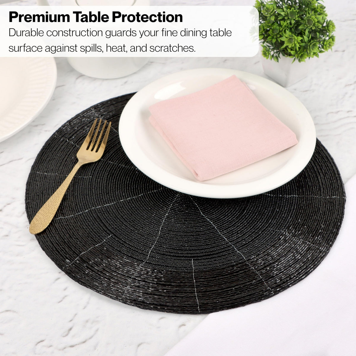 ALPHA Living HOME Round Beaded Placemats – Handmade Glass Bead Charger Table Mats, Set of 4 (Jet Black)
