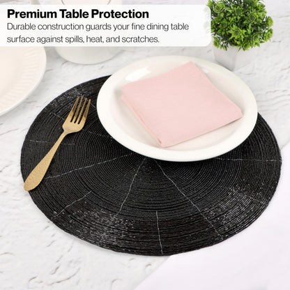 ALPHA Living HOME Round Beaded Placemats – Handmade Glass Bead Charger Table Mats, Set of 4 (Jet Black)