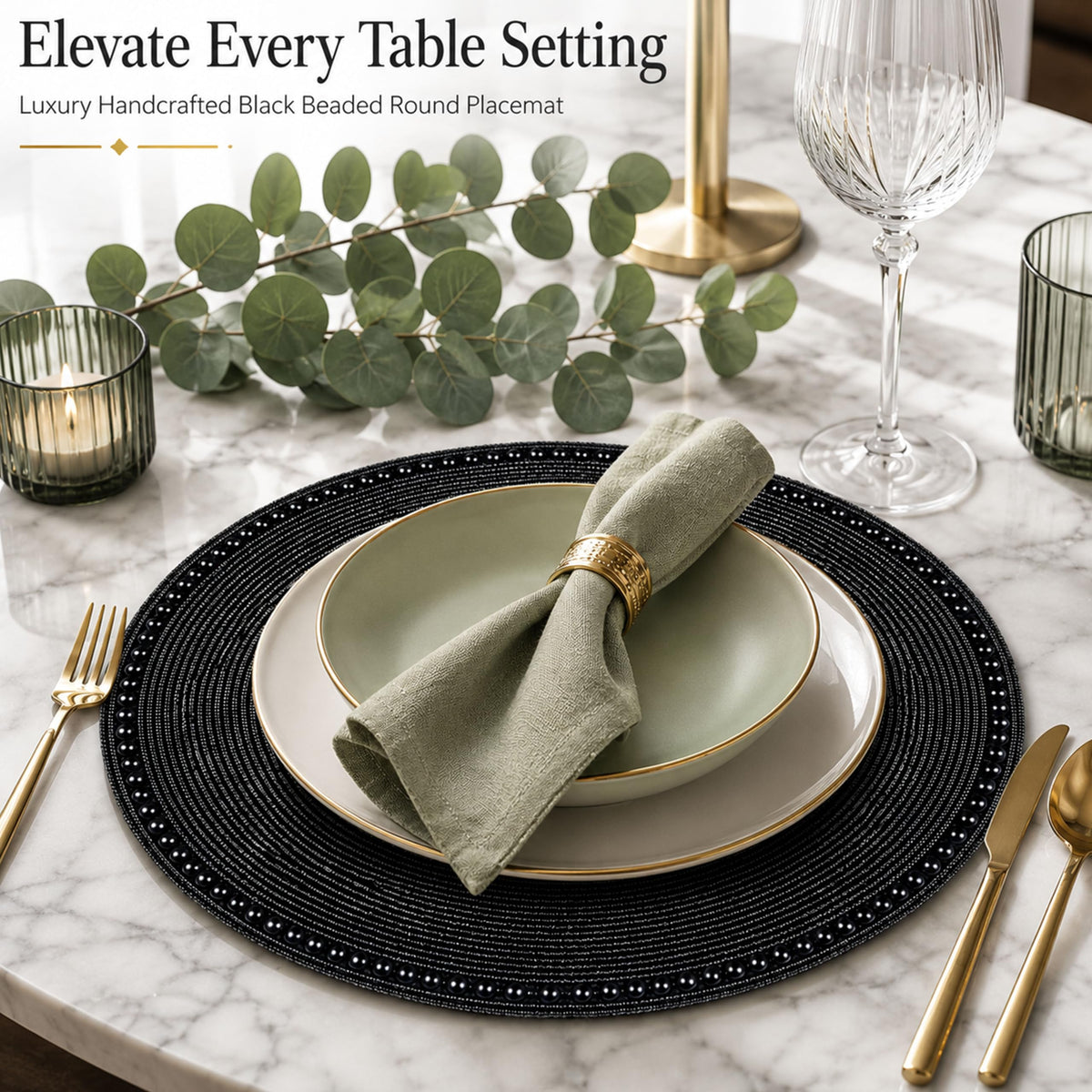 13" Round Glass Beaded Placemats - 2 Pack Table Mats Chargers for Dinner Plates, Plate Chargers Boho Luxurious Elegant Décor for Dining Table, Events & Parties (Black)