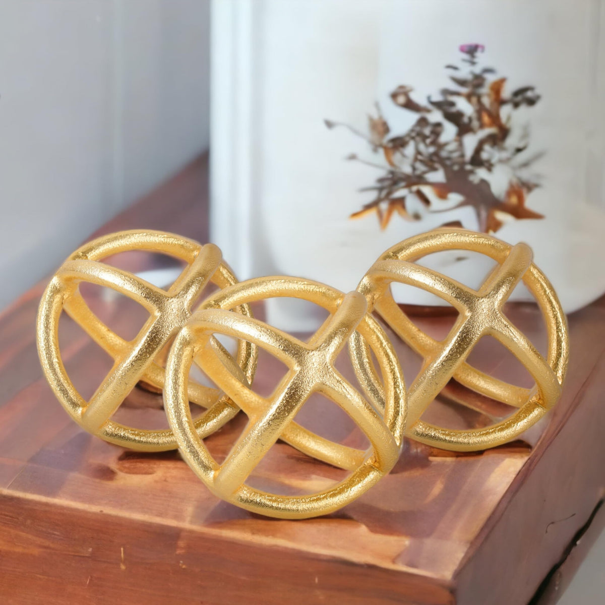 Decorative Balls Set of 3, Handmade Aluminum Orbs Modern Decor Antique Gold