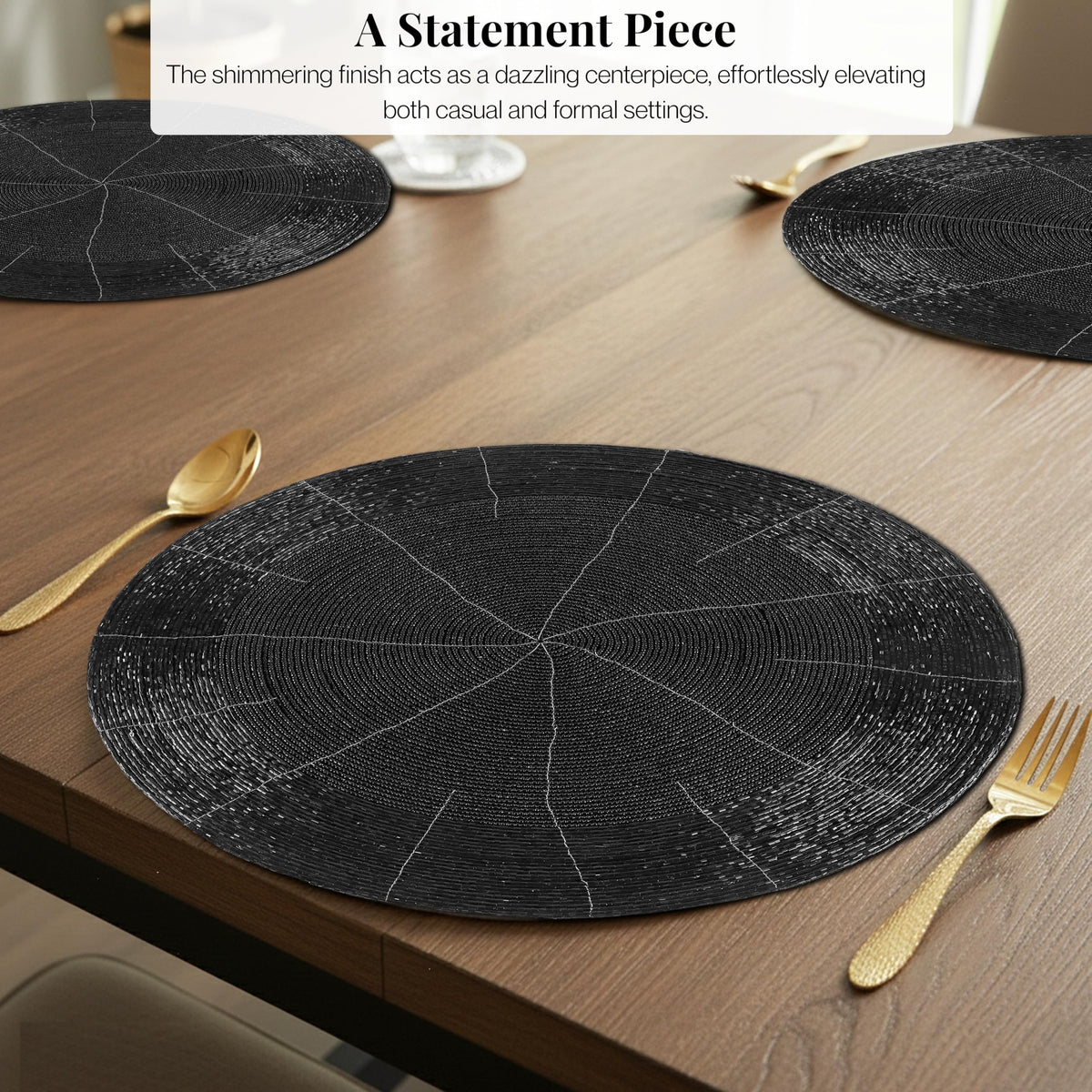 ALPHA Living HOME Round Beaded Placemats – Handmade Glass Bead Charger Table Mats, Set of 4 (Jet Black)