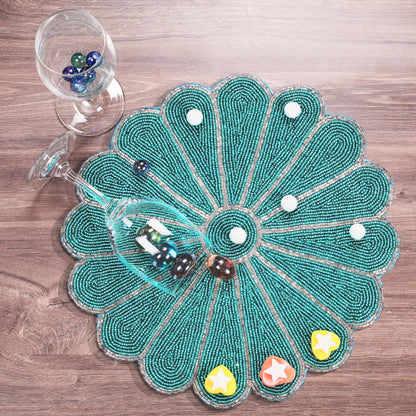 13-Inch Round Beaded Placemat, Aqua, Set of 1