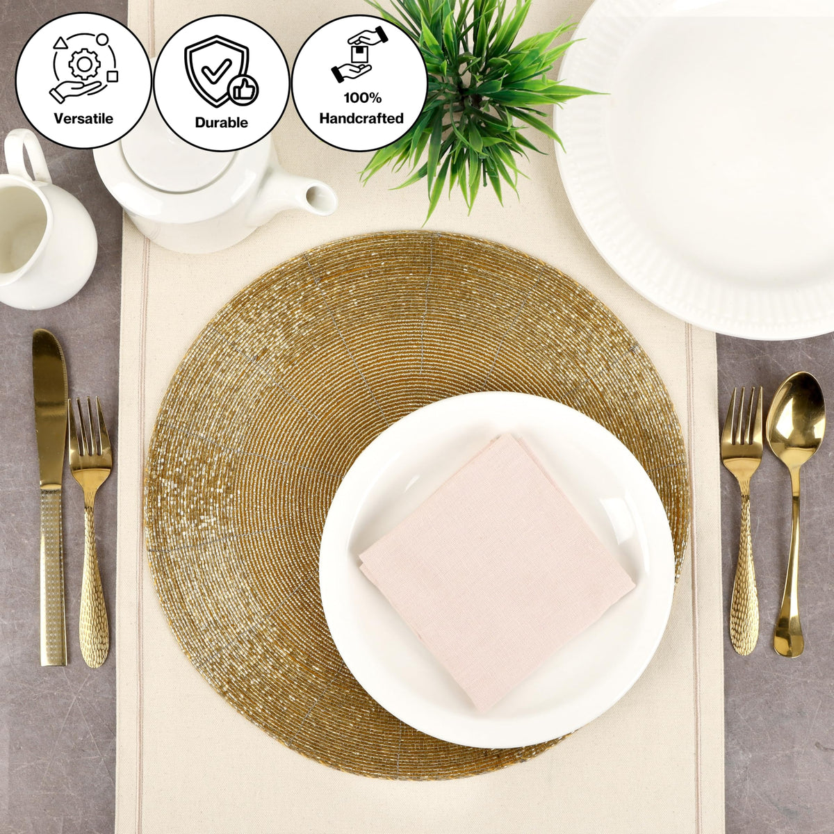 Alpha Living 13-Inch Round Beaded Placemats, Gold, Set of 4