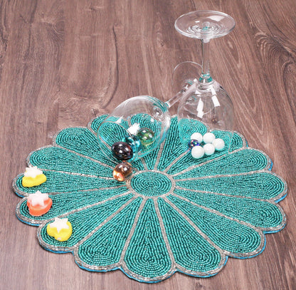 13-Inch Round Beaded Placemat, Aqua, Set of 1