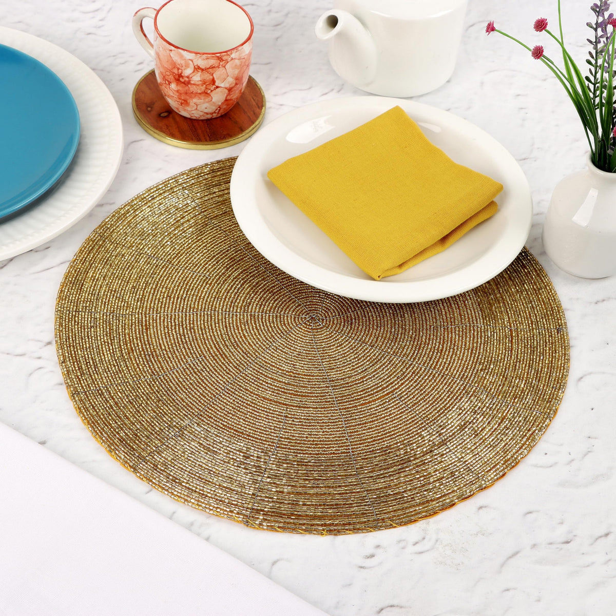 Alpha Living 13-Inch Round Beaded Placemats, Gold, Set of 4