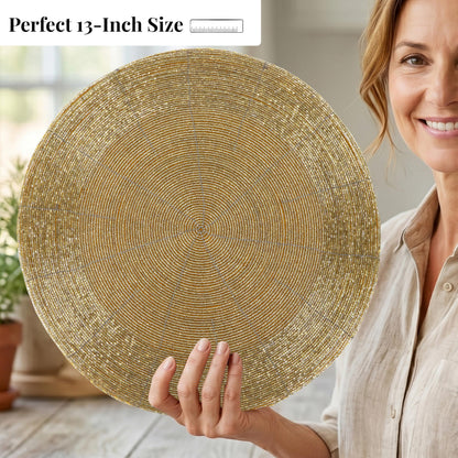 Alpha Living 13-Inch Round Beaded Placemats, Gold, Set of 4