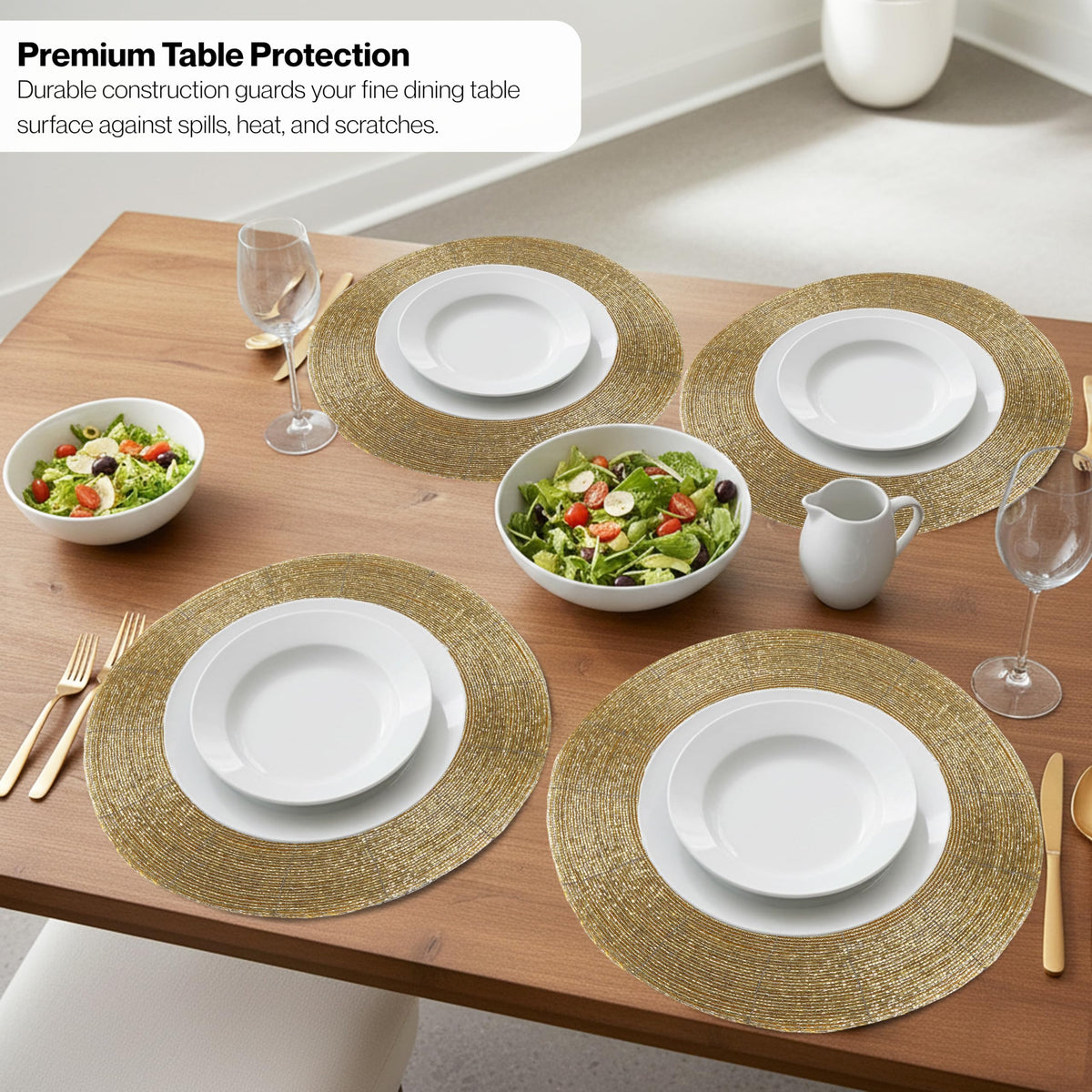 Alpha Living 13-Inch Round Beaded Placemats, Gold, Set of 4