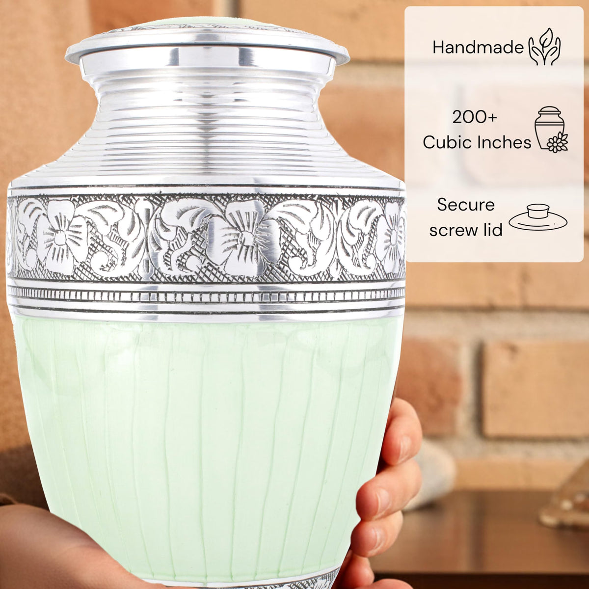 Large Cremation Urn for Human Ashes Adult – Handcrafted Aluminum Memorial Urn for Men & Women, Secure Screw-Top Lid, 200 Cubic Inches, Decorative Funeral Burial Urn for Home Display, Green Silver