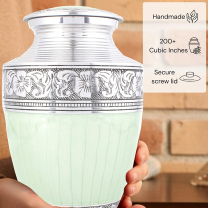 Large Cremation Urn for Human Ashes Adult – Handcrafted Aluminum Memorial Urn for Men & Women, Secure Screw-Top Lid, 200 Cubic Inches, Decorative Funeral Burial Urn for Home Display, Green Silver