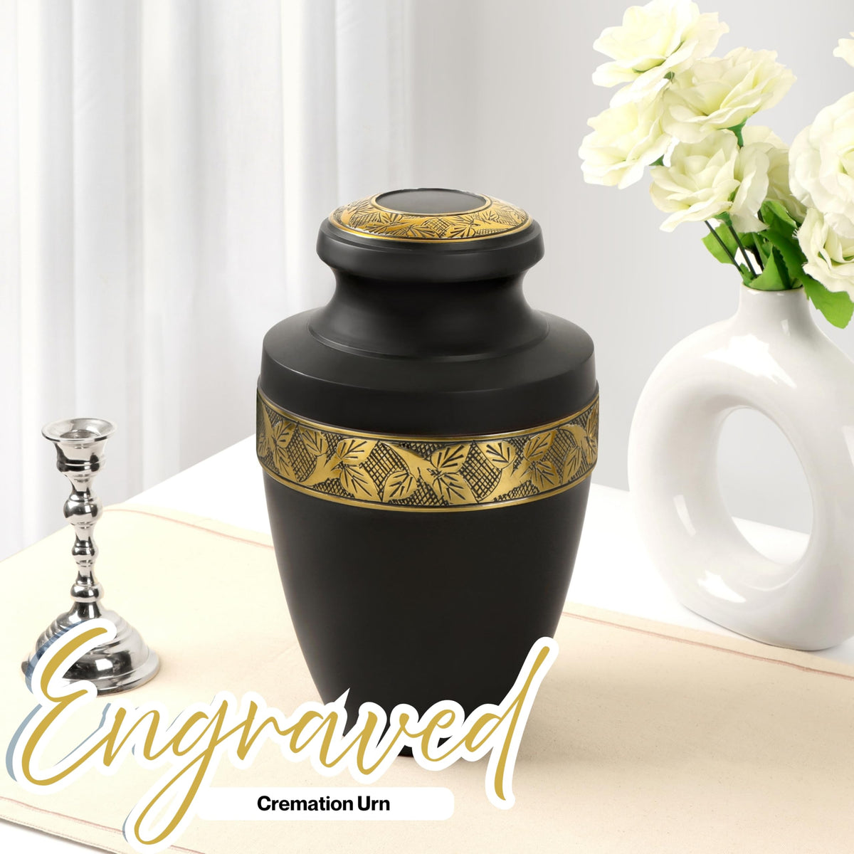 Cremation Urns for Human Ashes Adult – Handcrafted Aluminum Memorial Urn with Gold Leaf Engraving & Velvet Carry Bag, Decorative Funeral Burial Urn with Secure Screw Lid, (Black & Gold)