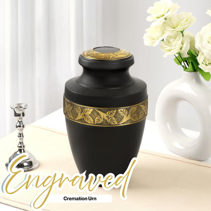 Cremation Urns for Human Ashes Adult – Handcrafted Aluminum Memorial Urn with Gold Leaf Engraving & Velvet Carry Bag, Decorative Funeral Burial Urn with Secure Screw Lid, (Black & Gold)