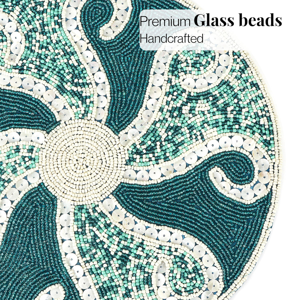 13-Inch Round Beaded Placemat, Teal Ivory, Set of 1