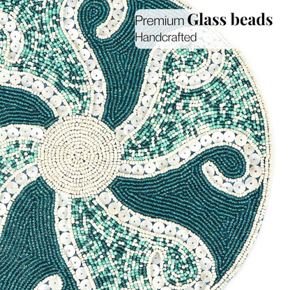 13-Inch Round Beaded Placemat, Teal Ivory, Set of 1