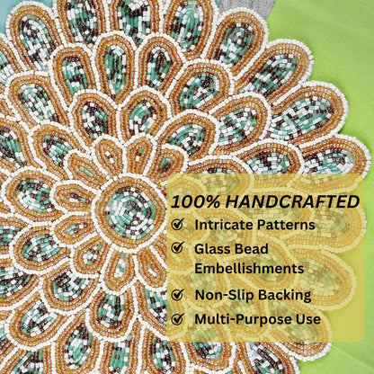 ALPHA Living HOME Beaded Placemat – Green, Gold & Ivory, 13 Inch, Set of 1