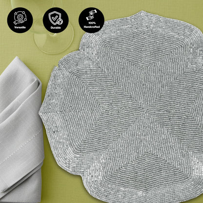 ALPHA Living HOME Silver Beaded Placemats Set of 2 Handmade Dining Mat Pair
