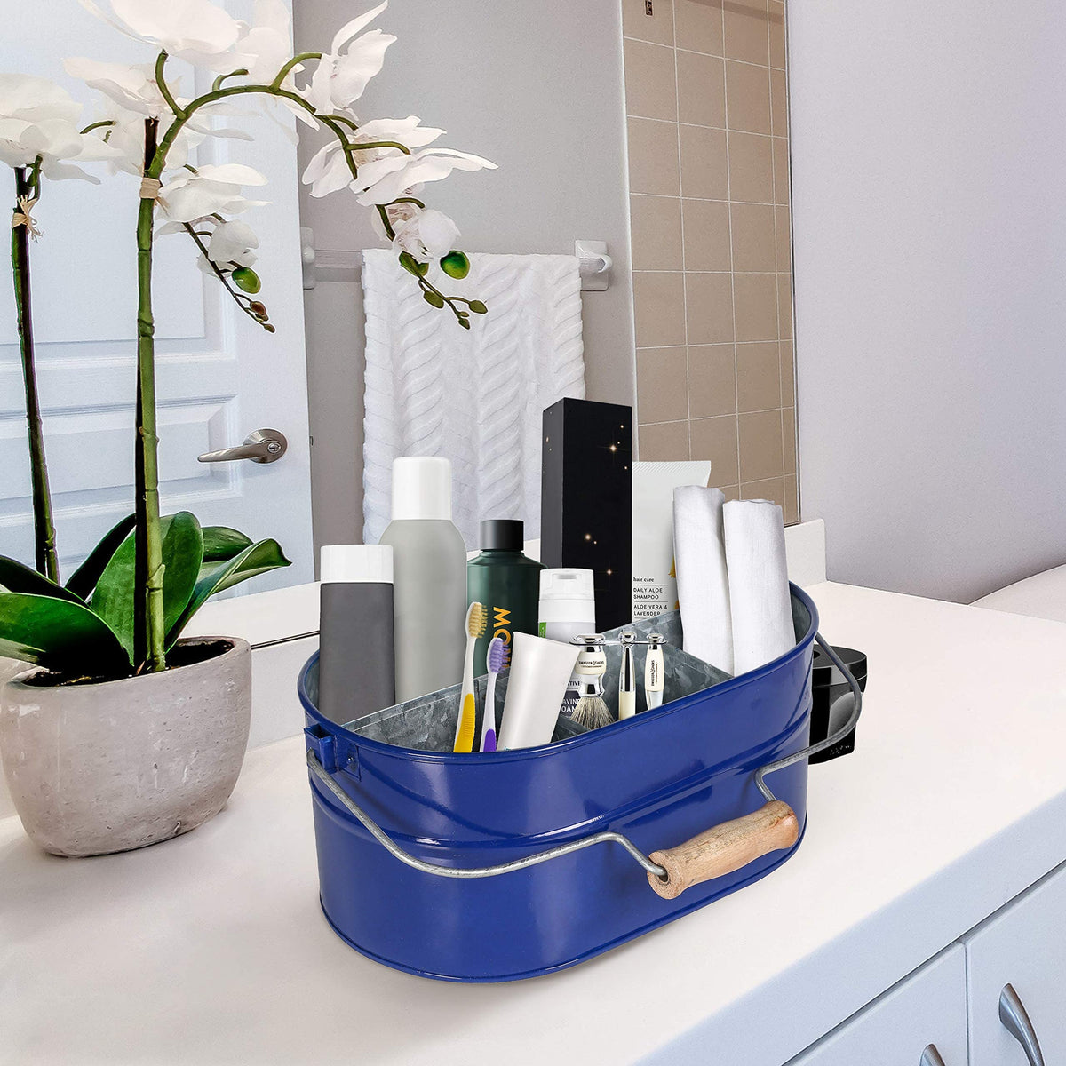 Alpha Living Home 4-Section Galvanized Utensil Caddy with Wooden Handle – Farmhouse Kitchen Organizer, Blue