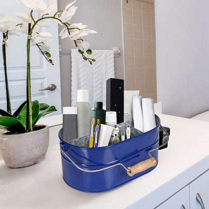 Alpha Living Home 4-Section Galvanized Utensil Caddy with Wooden Handle – Farmhouse Kitchen Organizer, Blue