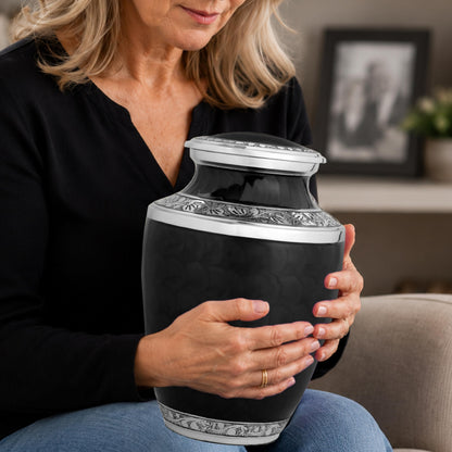 Alpha Living Home Urns for Human Ashes Adult Female and Male 200+ Cubic Inches, Decorative Burial Urn, Funeral Cremation Urns for Women and Men, Handcrafted Urn for Ashes Adult 10" Black Silver