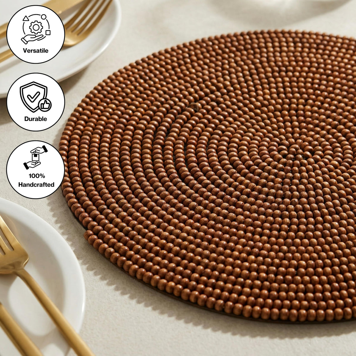 Round Woven Placemats 2 Pack, Natural Wood Place mats with Cotton Back, Table Mats for Dining Table, Fall, Halloween, Thanksgiving, Christmas (Dark Brown)