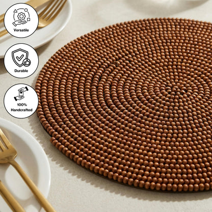 Round Woven Placemats 2 Pack, Natural Wood Place mats with Cotton Back, Table Mats for Dining Table, Fall, Halloween, Thanksgiving, Christmas (Dark Brown)