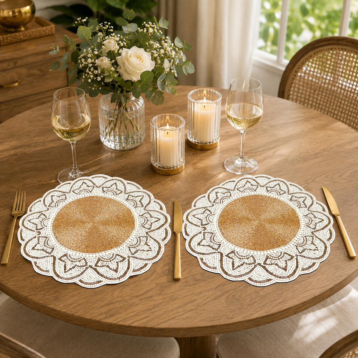 ALPHA Living HOME Glass Beaded Placemats – 13 Inch Round Charger Table Mats, Set of 2 (Ivory Gold)