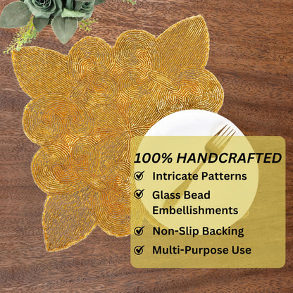 ALPHA Living HOME Square Beaded Placemats – Handmade Glass Bead Table Mats, Set of 2 (Mustard)