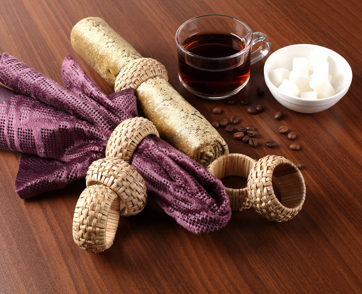 Natural Cane Napkin Rings Set of 6, Handwoven Table Decor, Bohemian Coastal Napkin Holders for Rustic Dining & Tropical Vibes - Sleek for Everyday Use (Brown) - ALPHA Living HOME