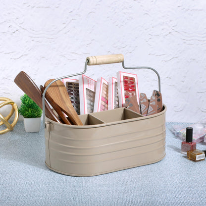 Alpha Living Home Multi-Functional Utensil Silverware Caddy - 4 Compartment Organizer for Kitchen, Party & Office – Durable Beige Powder-Coated Iron Alloy with Wooden Handle