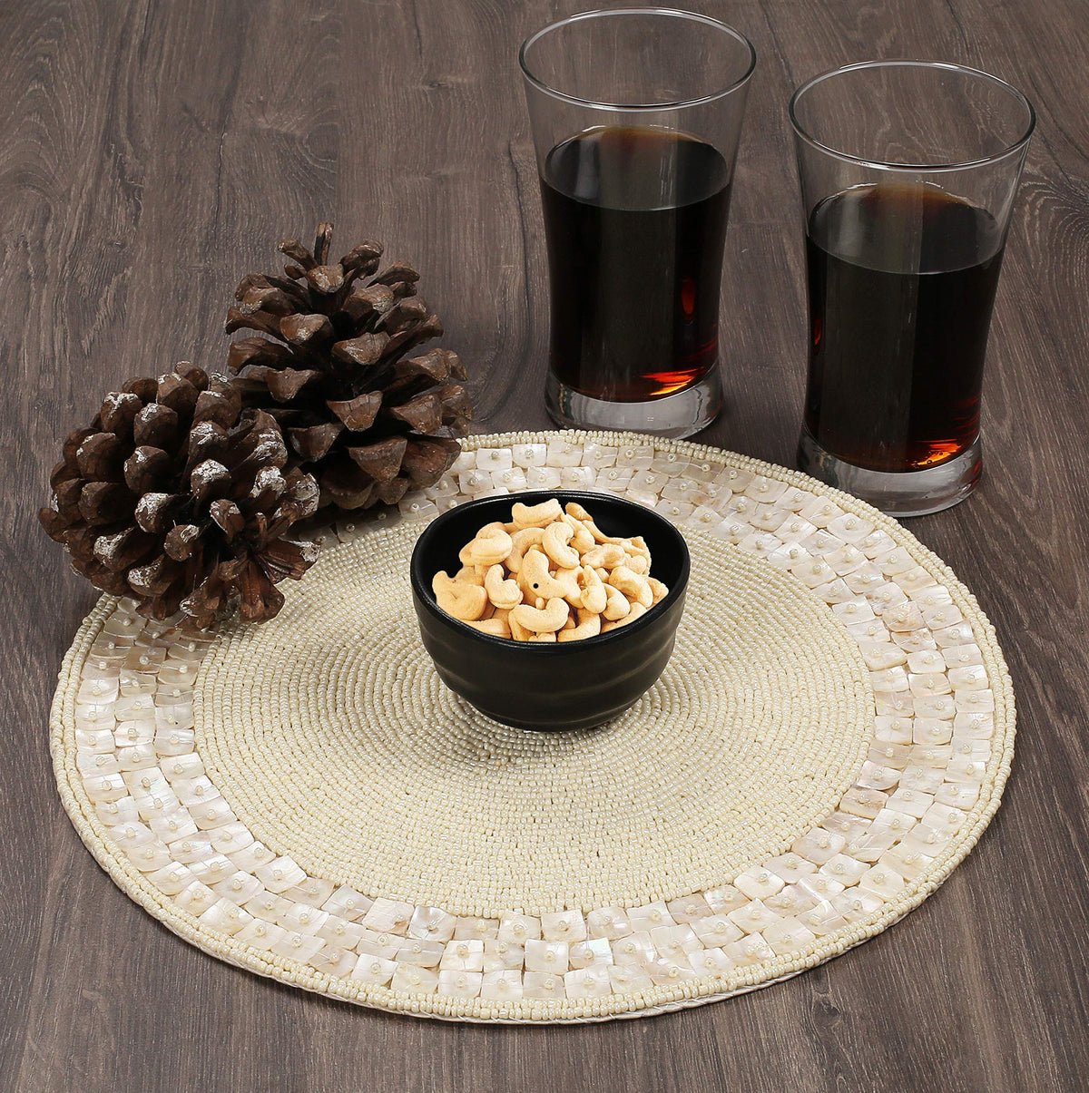 ALPHA LIVING 13-Inch Round Beaded Placemats, Ivory, Set of 2