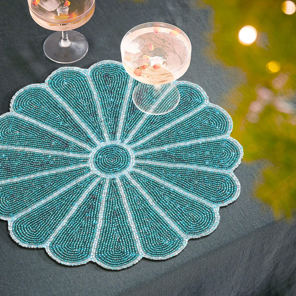 Alpha Living Home 2-Pack Round Placemats, Glass Beads, Teal Silver, 13 Inch