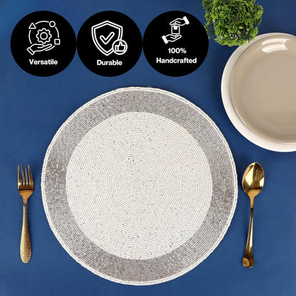 ALPHA Living HOME Silver White Beaded Placemats – 13 Inch Round Handmade Table Mats, Set of 4