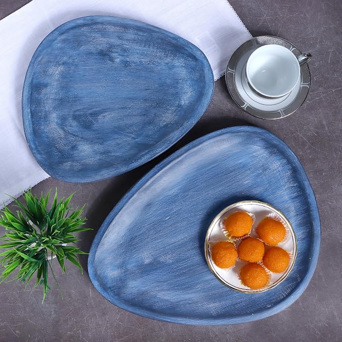 Set of 2 Oval Mango Wood Serving Tray Handmade Metal Fruit Bowl Decorative Vanity Platter Tray, Kitchen Bathroom Counter Storage Counter Organizer, 14/12 Inch - Ebony Blue