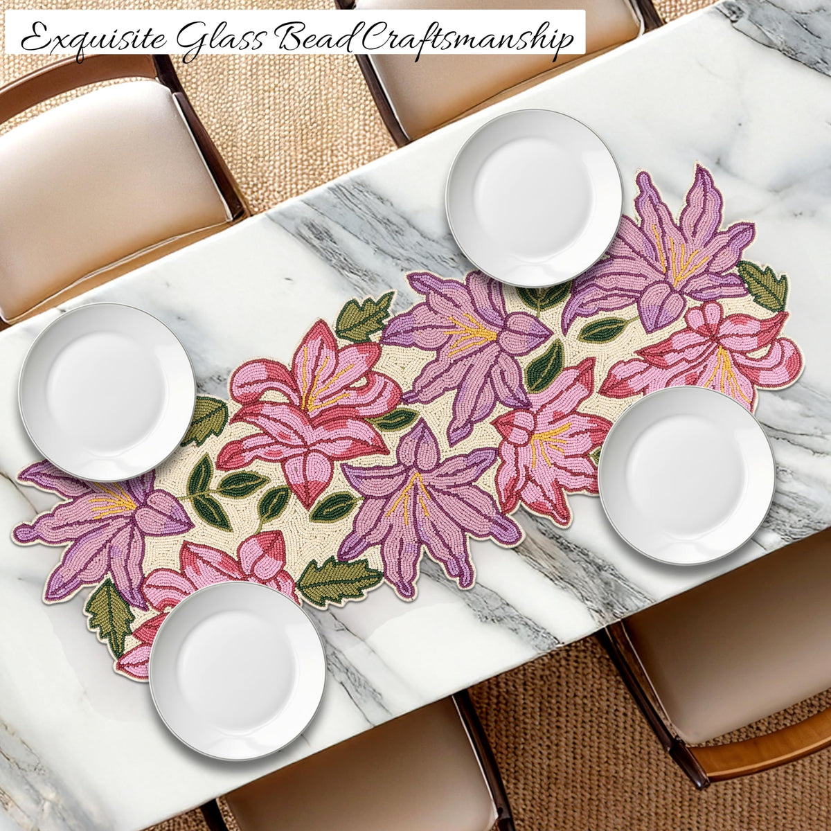 Handmade Beaded Table Runner – Glass Bead Table Decor, Multi Pink