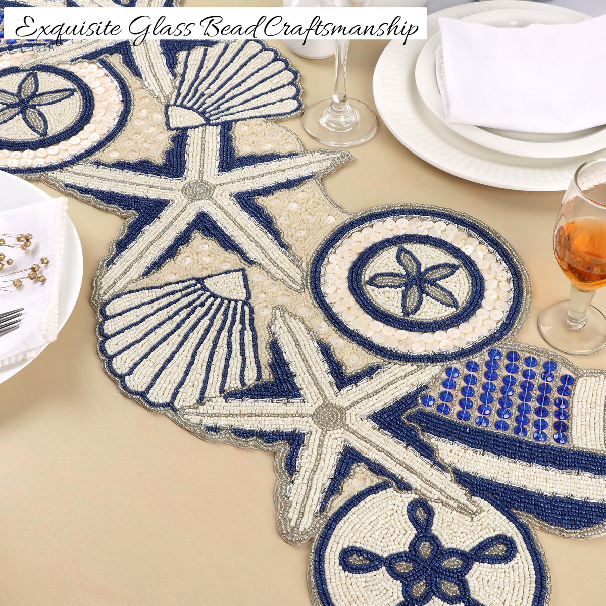 Beaded Table Runner - Handmade Glass Beads & Polyester Runner for Coffee & Dining Table, Elegant Star Pattern Decor for Home, Wedding, Holiday, Coastal or Boho Theme (Blue White) - ALPHA Living HOME