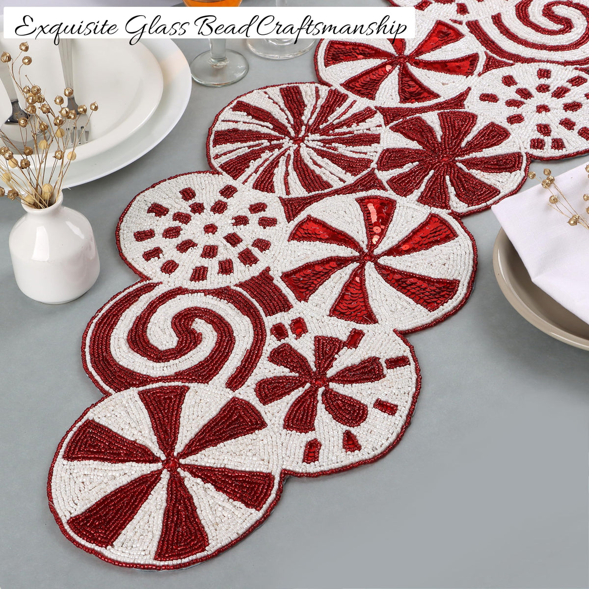 Handmade Beaded Table Runner 13 x 36 Inch - Christmas Floral Glass Bead Decorative Runner for Dining Table, Holiday Centerpiece, Wedding, Farmhouse & Seasonal Home Décor, Red White