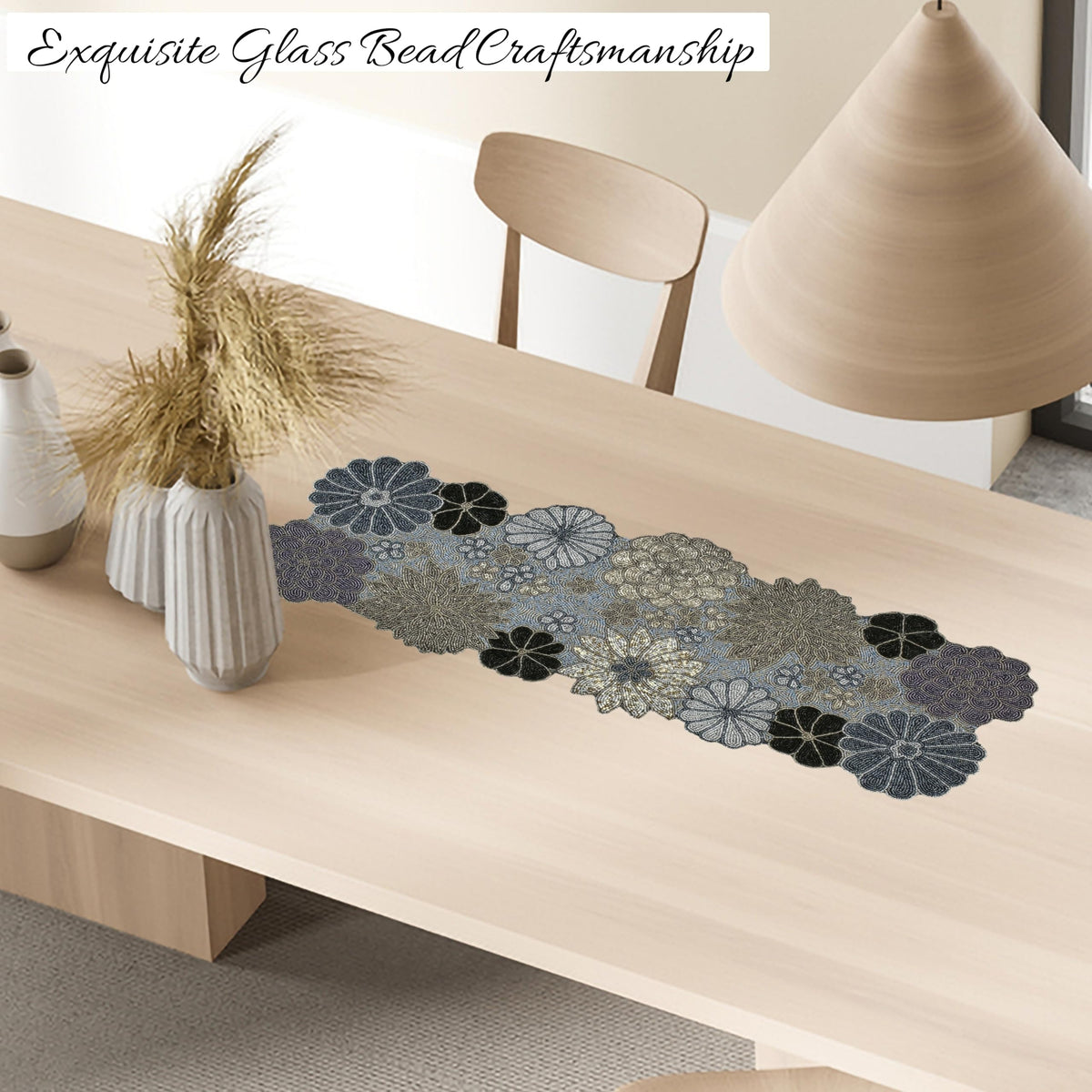 Beaded Table Runner – Handmade Floral Glass Bead Decorative Table Runner for Dining, Coffee & Accent Tables