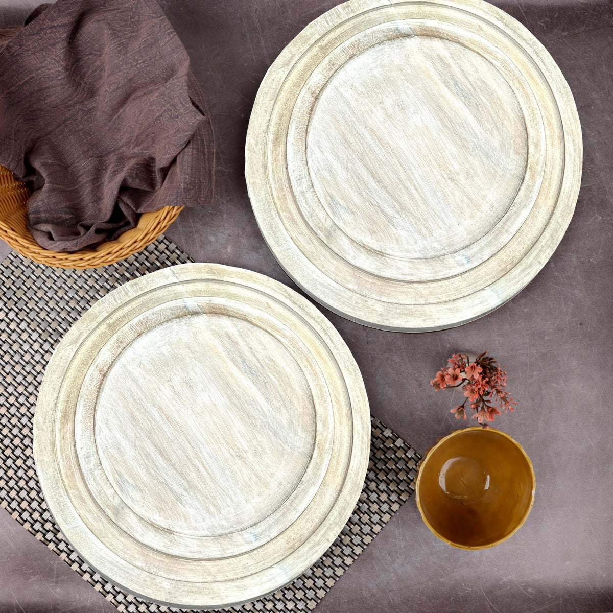 Alpha Living Home 2 Pack Handcrafted Wood Charger Plates - 13" Rustic Round Wooden Dinnerware, Lightweight Decorative Serving Trays for Desserts Appetizers Dining Parties Weddings Cake (White)