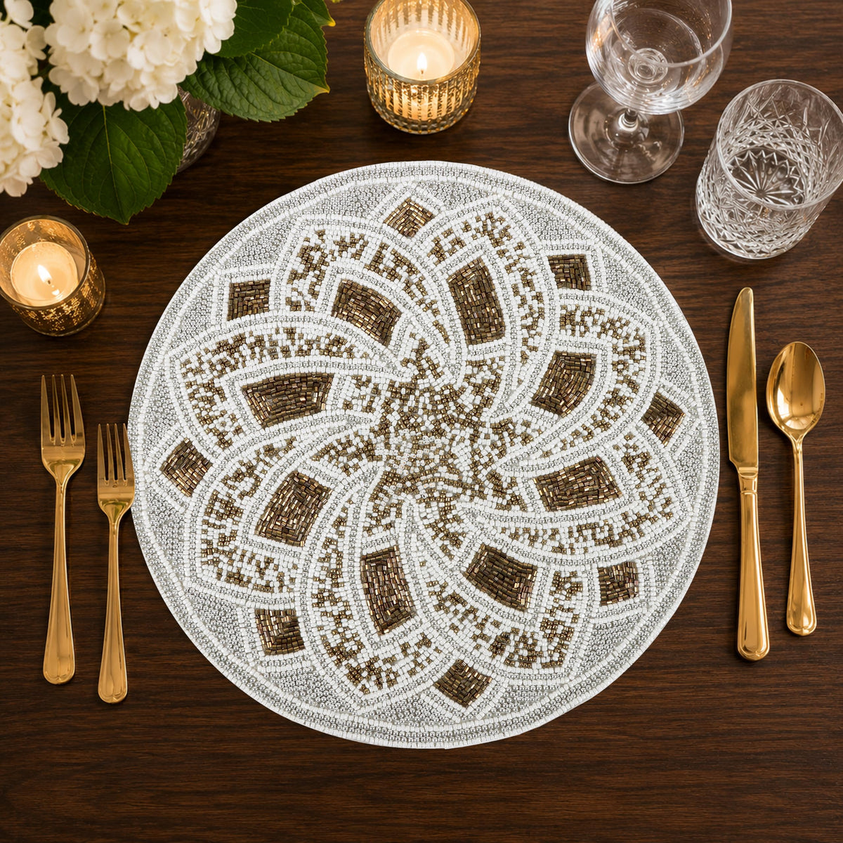 13-Inch Round Glass Beaded Placemat, Silver Brown, Set of 1