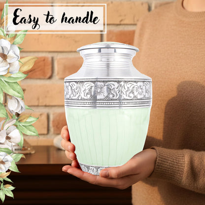 Large Cremation Urn for Human Ashes Adult – Handcrafted Aluminum Memorial Urn for Men & Women, Secure Screw-Top Lid, 200 Cubic Inches, Decorative Funeral Burial Urn for Home Display, Green Silver
